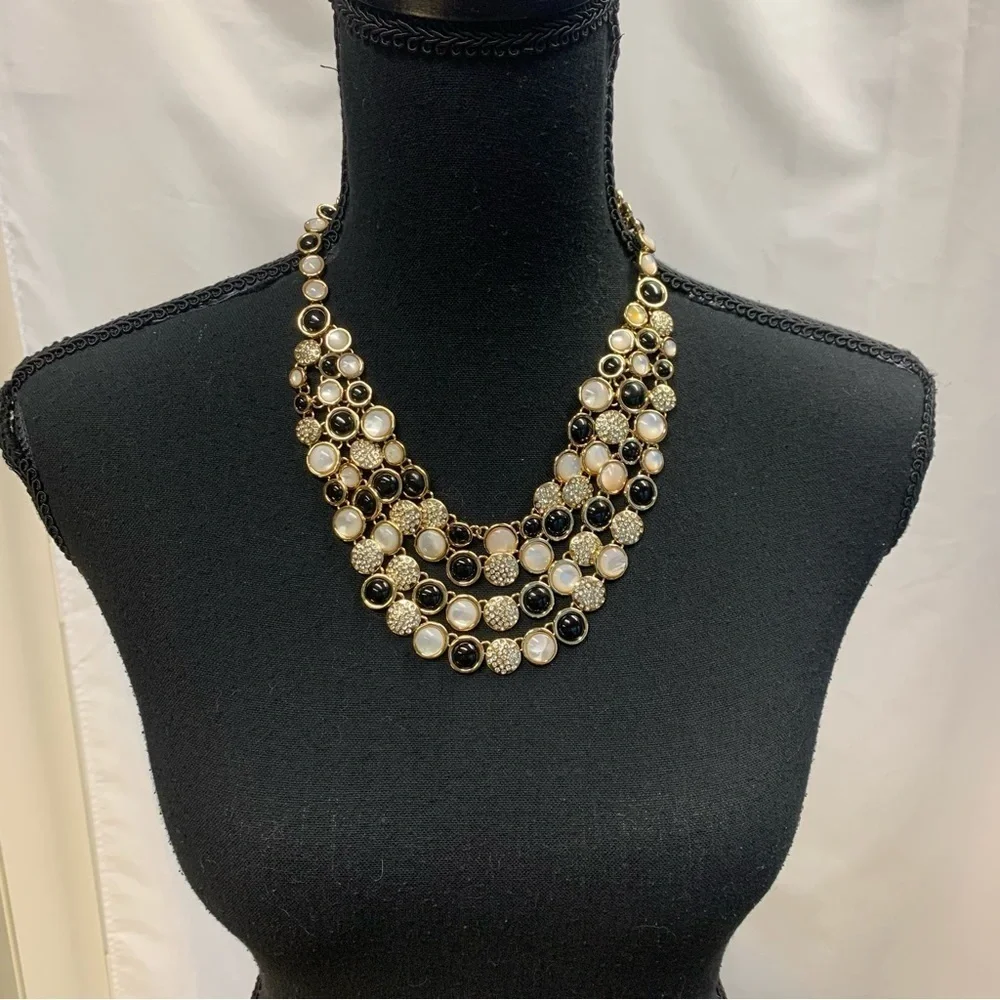 Necklace Talbots Moon Stone Black White Cabochons Layered Strands Mogul Style